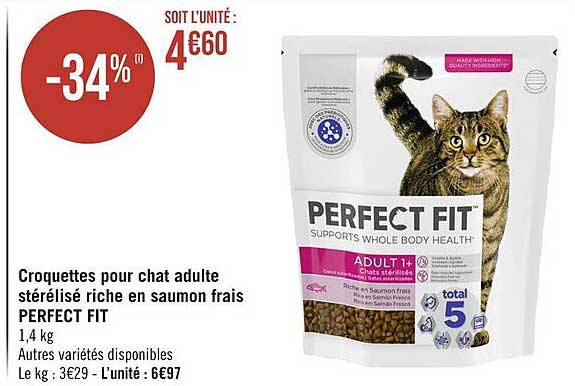 croquettes pour chat adulte stérilisé riche en saumon frais perfect fit