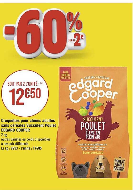 croquettes pour chien adultes sans céréales succulent poulet edgard cooper
