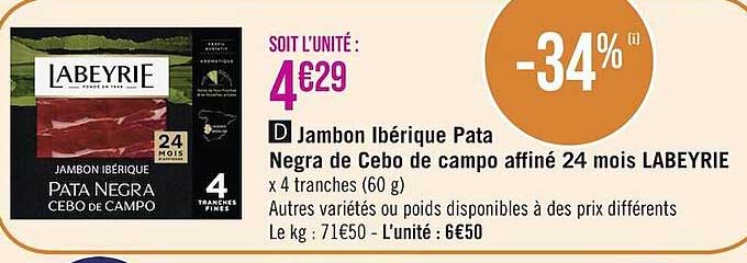 jambon ibérique pata negra de cebo de campo affiné 24 mois labeyrie