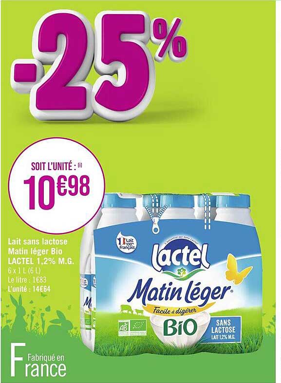lait sans lactose matin léger bio lactel 1.2% m.g.