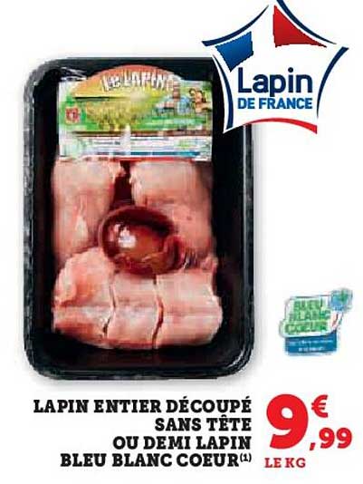 lapin entre découpé sans tête ou demi lapin bleu blanc cœur