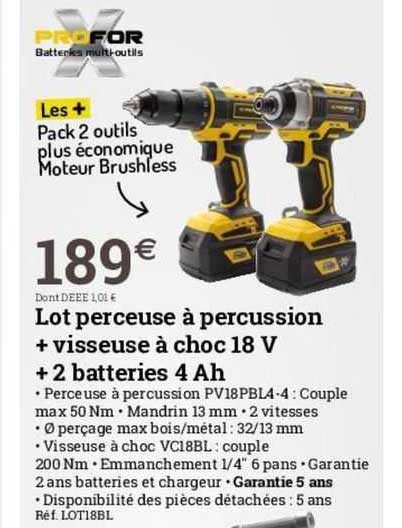 lot perceuse à percussion + visseuse à choc 18 v + 2 batteries 4 ah profor