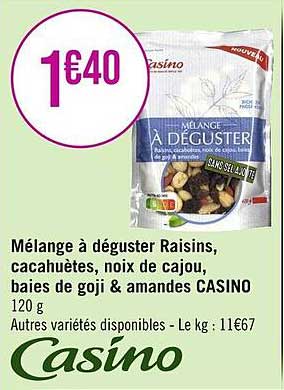 mélange à déguster raisins, cacahuètes, noix de cajou, baies de goji & amandes casino