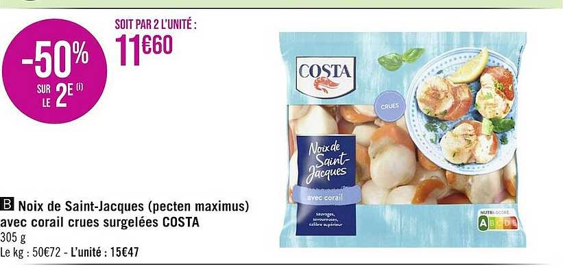 noix de saint-jacques (pecten maximus) avec corail crues surgelées costa