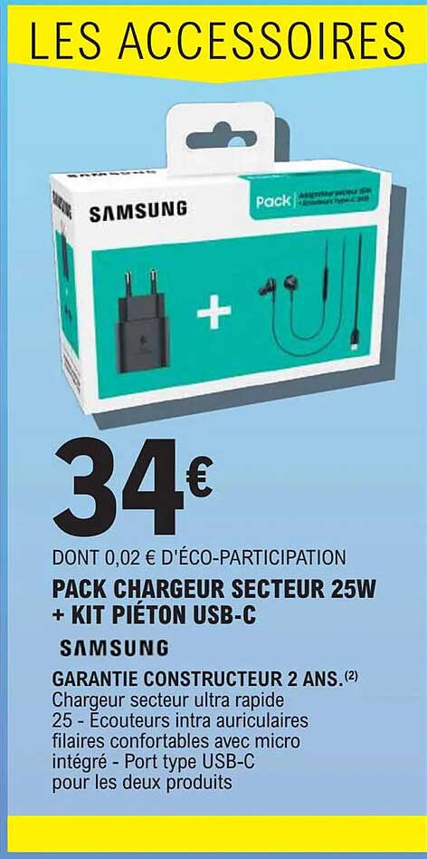 pack chargeur secteur 25w + kit piéton usb-c samsung