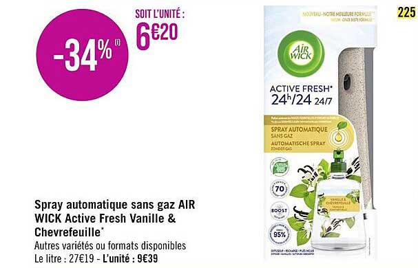 spray automatique sans gaz air wick active fresh vanille & chevrefeuille