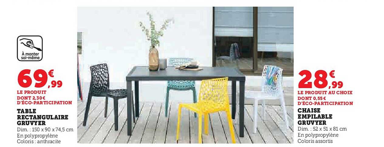 table rectangulaire gruvyer, chaise empilable gruvyer