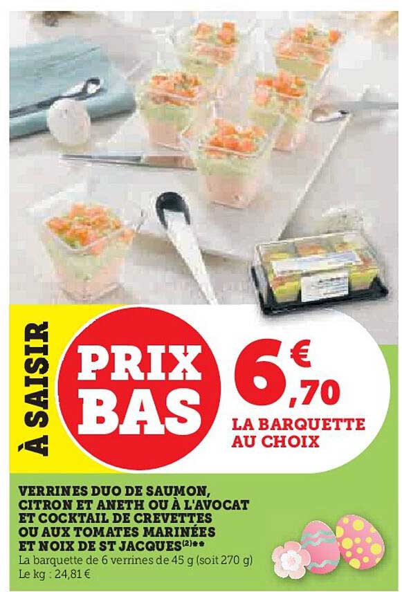 verrines duo de saumon, citron et aneth ou à l'avocat et cocktail de crevettes ou aux tomates marinées et noix de st jacques