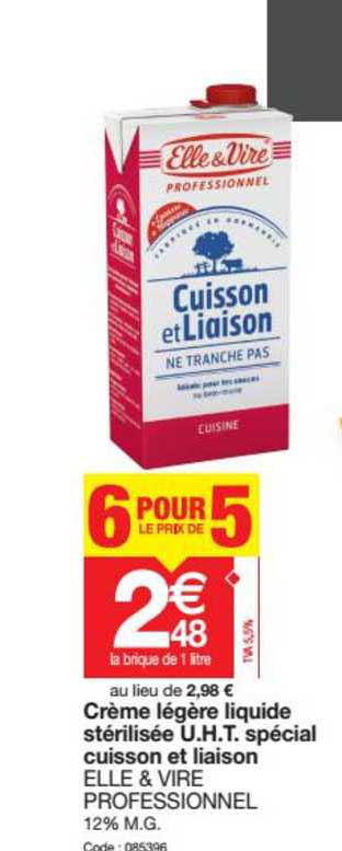crème légère liquide stérilisée u.h.t. spécial cuisson et liaison elle & vire professionnel