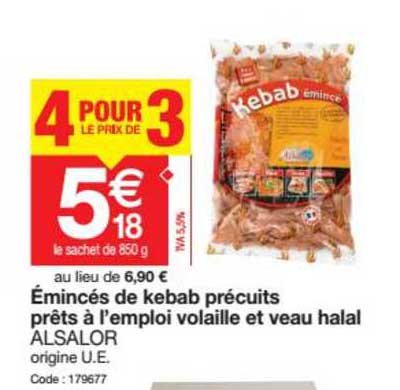 émincés de kebab précuits prêts à l'emploi volaille et veau halal alsalor