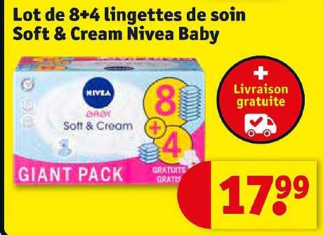 lot de 8+4 lingettes de soin soft & cream nivea baby