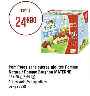 Pom'potes Sans Sucres Ajoutés Pomme Nature - Pomme Brugnon Materne