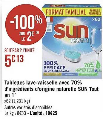 tablettes lave-vaisselle avec 70% d'ingrédients d'origine naturelle sun tout en 1