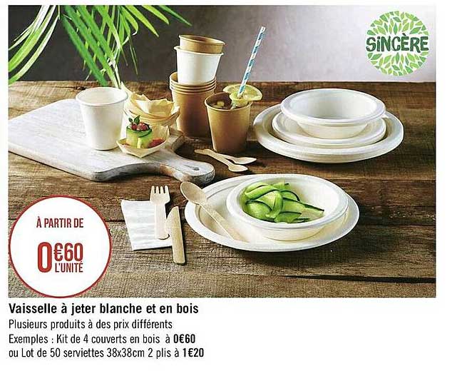 vaisselle à jeter blanche et en bois