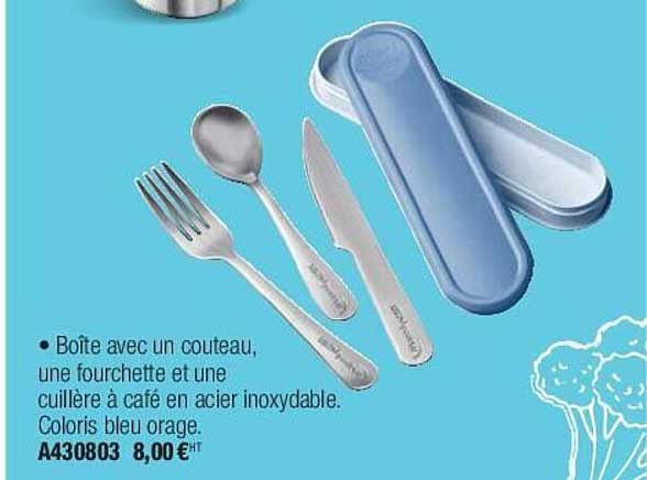 boîte avec un couteau une fourchette et une cuillère à café en acier inoxydable