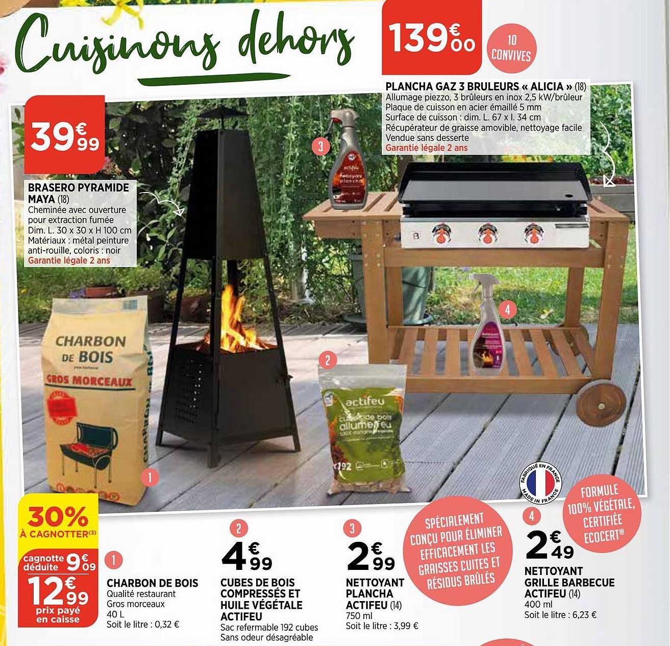 brasero pyramide maya, charbons de bois, cubes de bois compressés et huile végétale actifeu, nettoyant plancha actifeu, nettoyant grille barbecue actifeu, plancha gaz 3 bruleurs "alicia"