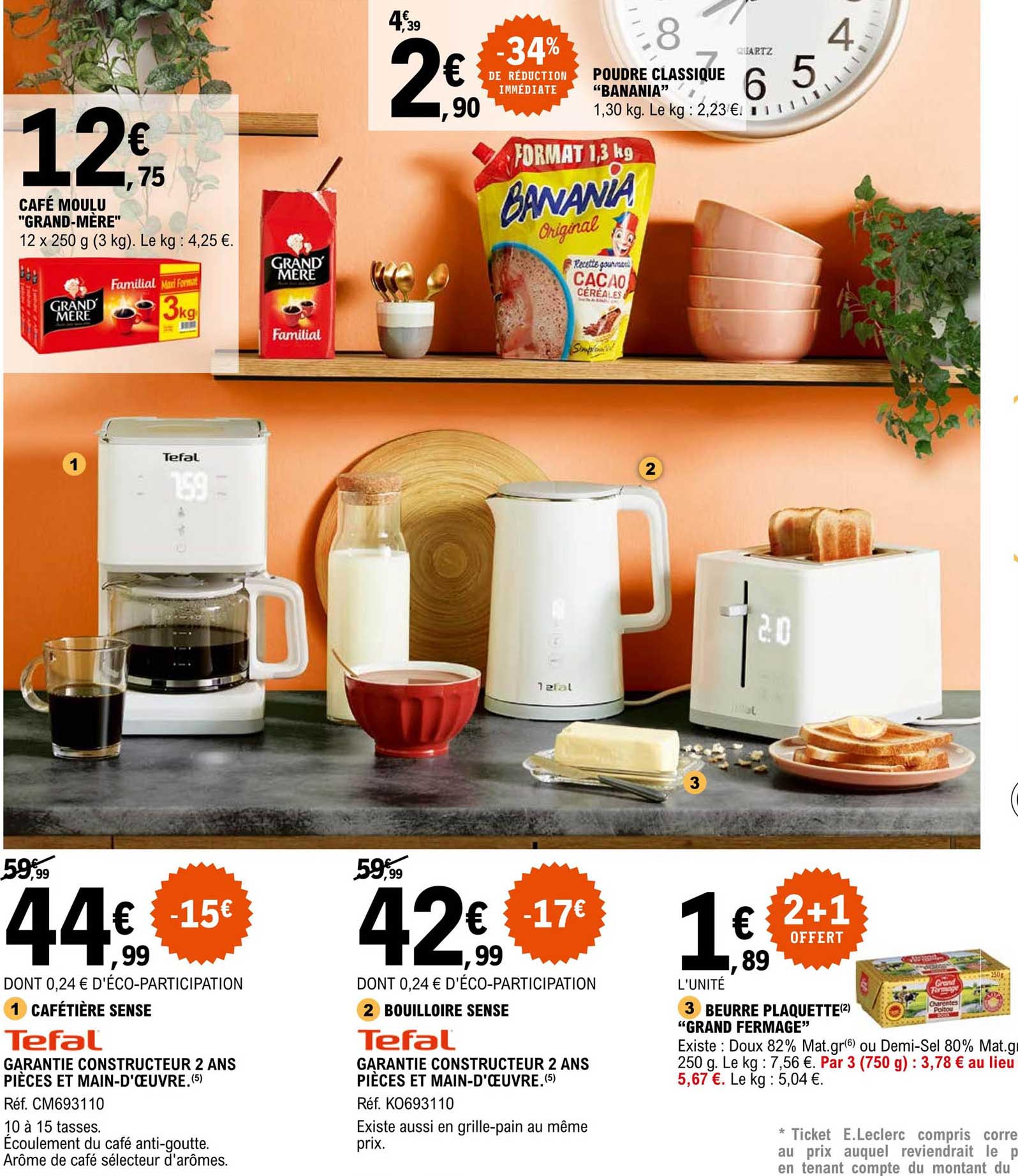 café moulu "grand-mère", cafetière sense tefal, bouilloire sense tefal, beurre plaquette "grand fermage"