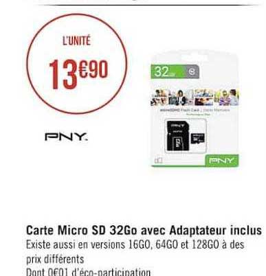 carte micro sd 32go avec adaptateur inclus pny