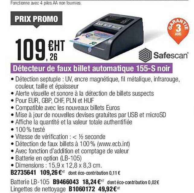 détecteur de faux billet automatique 155-s noir