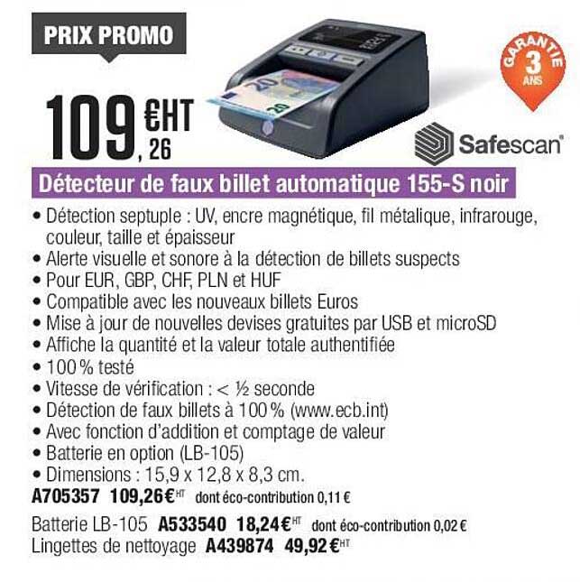détecteur de faux billet automatique 155-s noir safescan