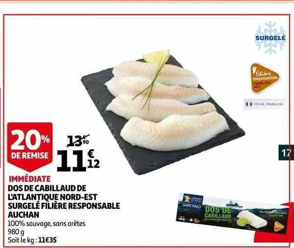 dos de cabillaud de l'atlantique nord-est surgelé filière responsable auchan