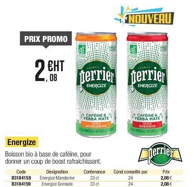 energize boisson bio à base de cafeïne pour donner un coup de boost rafraichissant perrier