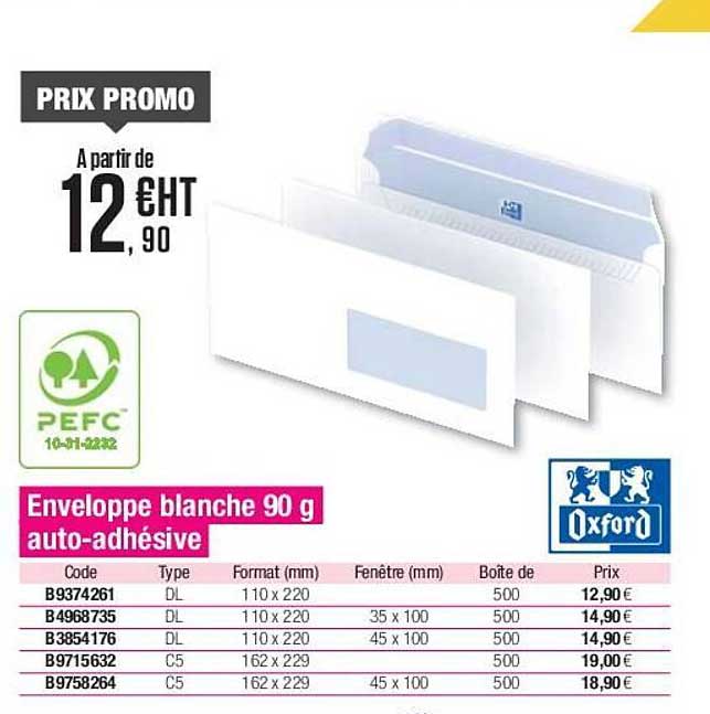 Enveloppe Blanche 90 G Auto-adhésive Oxford