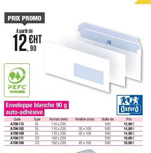 enveloppe blanche 90 g auto-adhésive oxford
