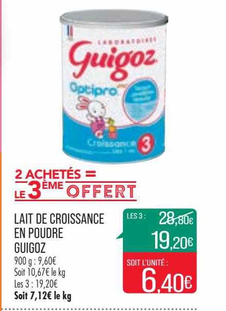 lait de croissance en poudre guigoz 2 achetés le 3ème offert