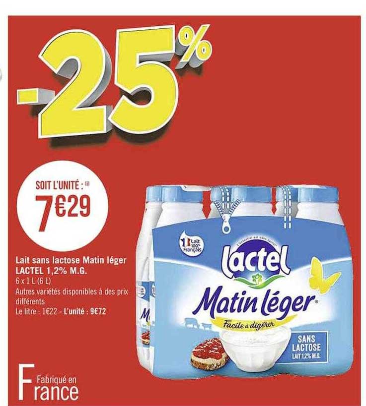 lait sans lactose matin léger lactel 1,2% m.g.
