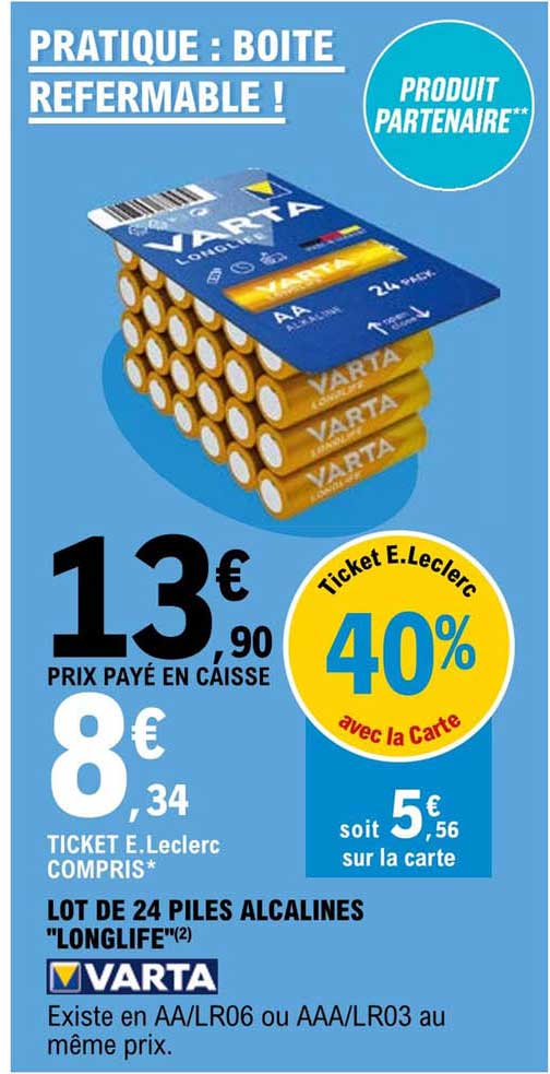 lot de 24 piles alcalines "longlife" varta