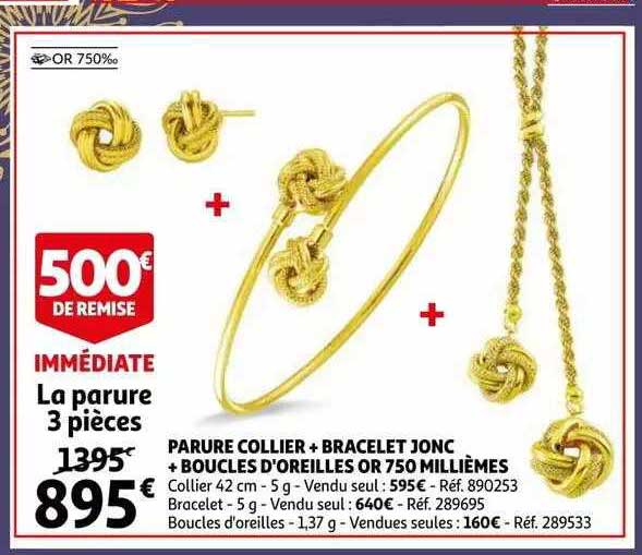 parure collier + bracelet jonc + boucles d'oreilles or 750 millièmes