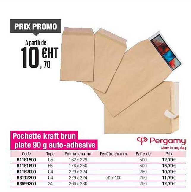 pochette kraft brun plate 90 g auto-adhesive pergamy