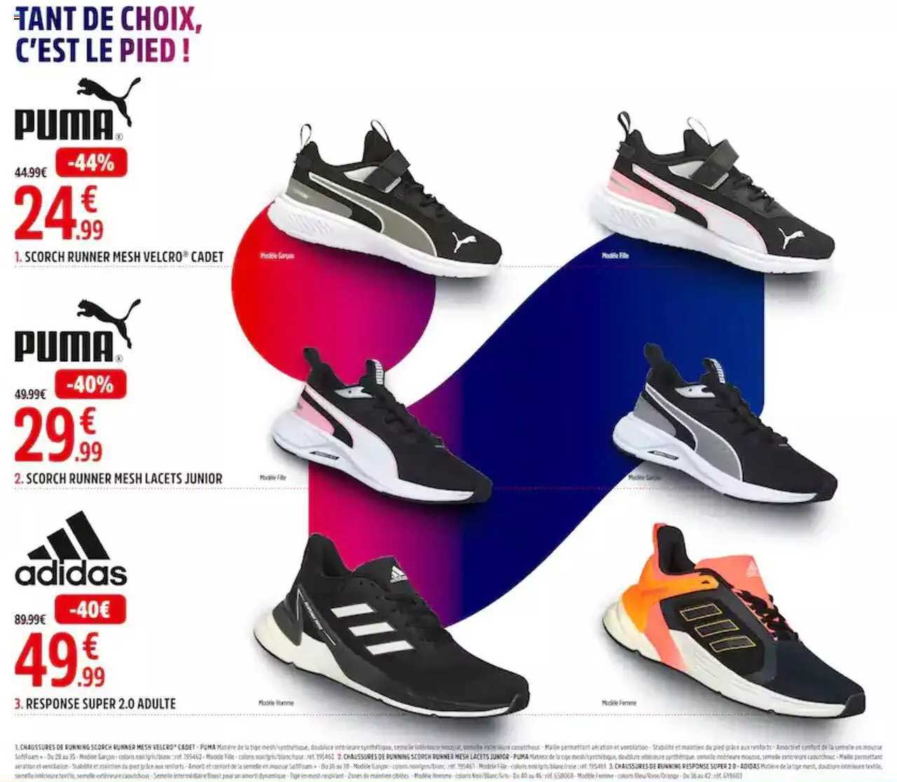 puma scorch runner mesh velcro cadet ou lacets junior ou adidas response super 2.0 adulte