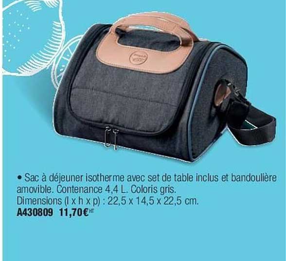 sac à déjeuner isotherme avec set de table inclus et bandoulière amovible contenance 4.4 l