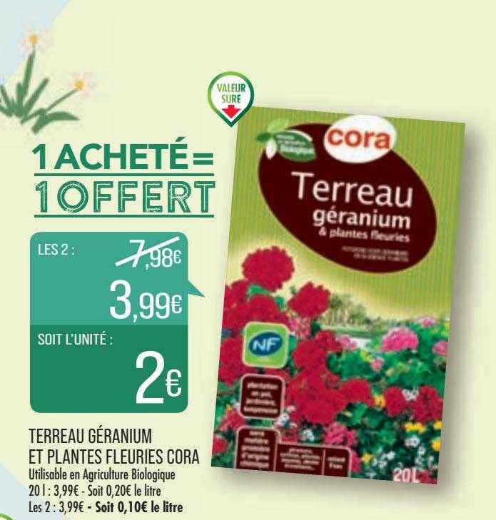 terreau géranium et plantes fleuries cora 1acheté=1offert