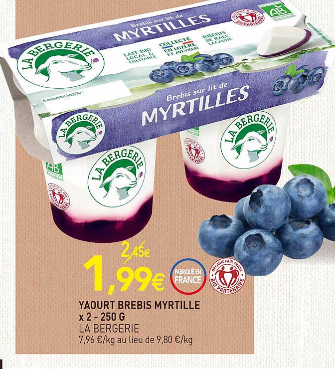 Yaourt Brebis Myrtille La Bergerie X2 - 250 G