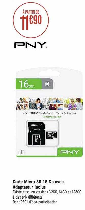 carte micro sd 16 go avec adaptateur inclus pny