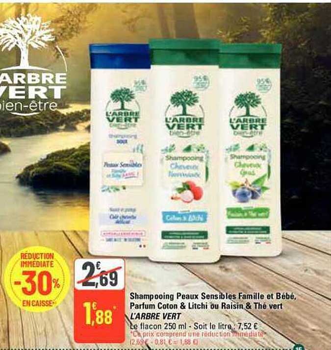 shampooing peaux sensibles famille et bébé, parfum coton & litchi ou raisin & thé vert l'arbre vert