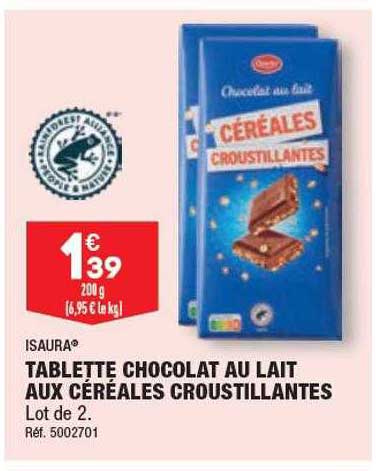 tablette chocolat au lait aux céréales croustillantes isaura