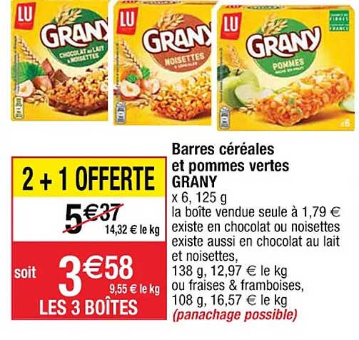 barres céréales et pommes vertes grany 2+1 offerte