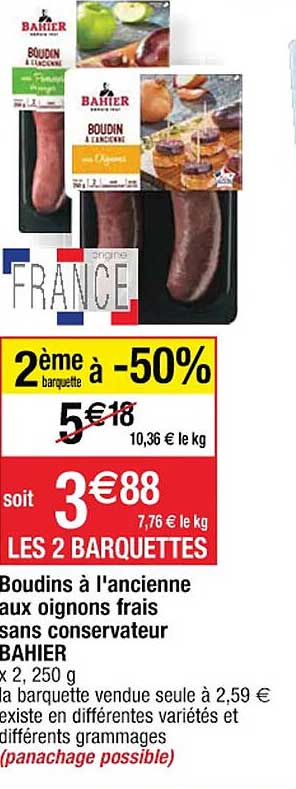 boudins à l'ancienne aux oignons frais sans conservateur bahier 2ème barquette à -50%
