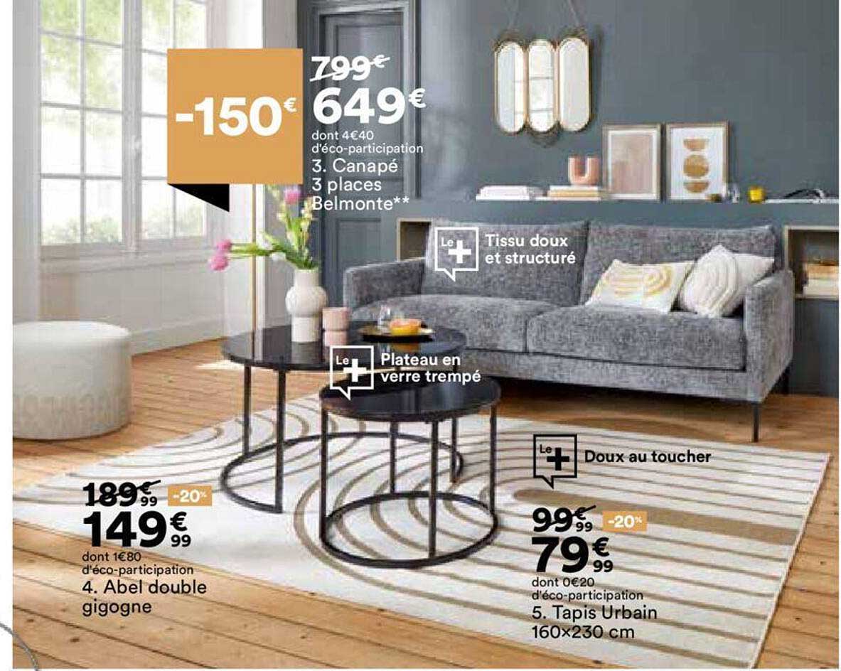 canapé 3 places belmonte abel double gigogne tapis urbain 160x230cm