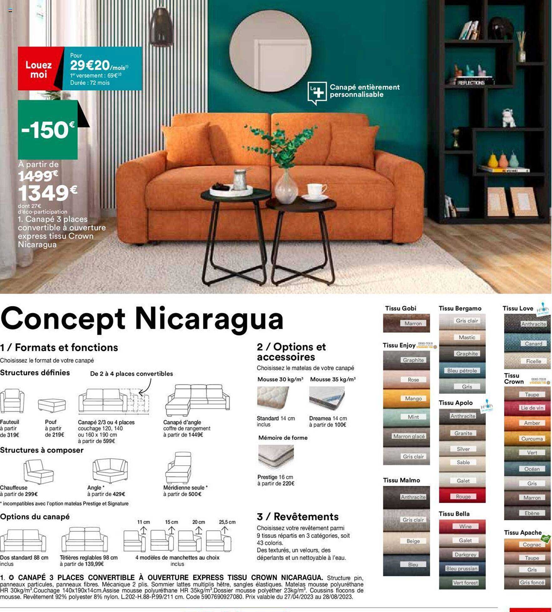 canapé 3 places convertible à ouverture