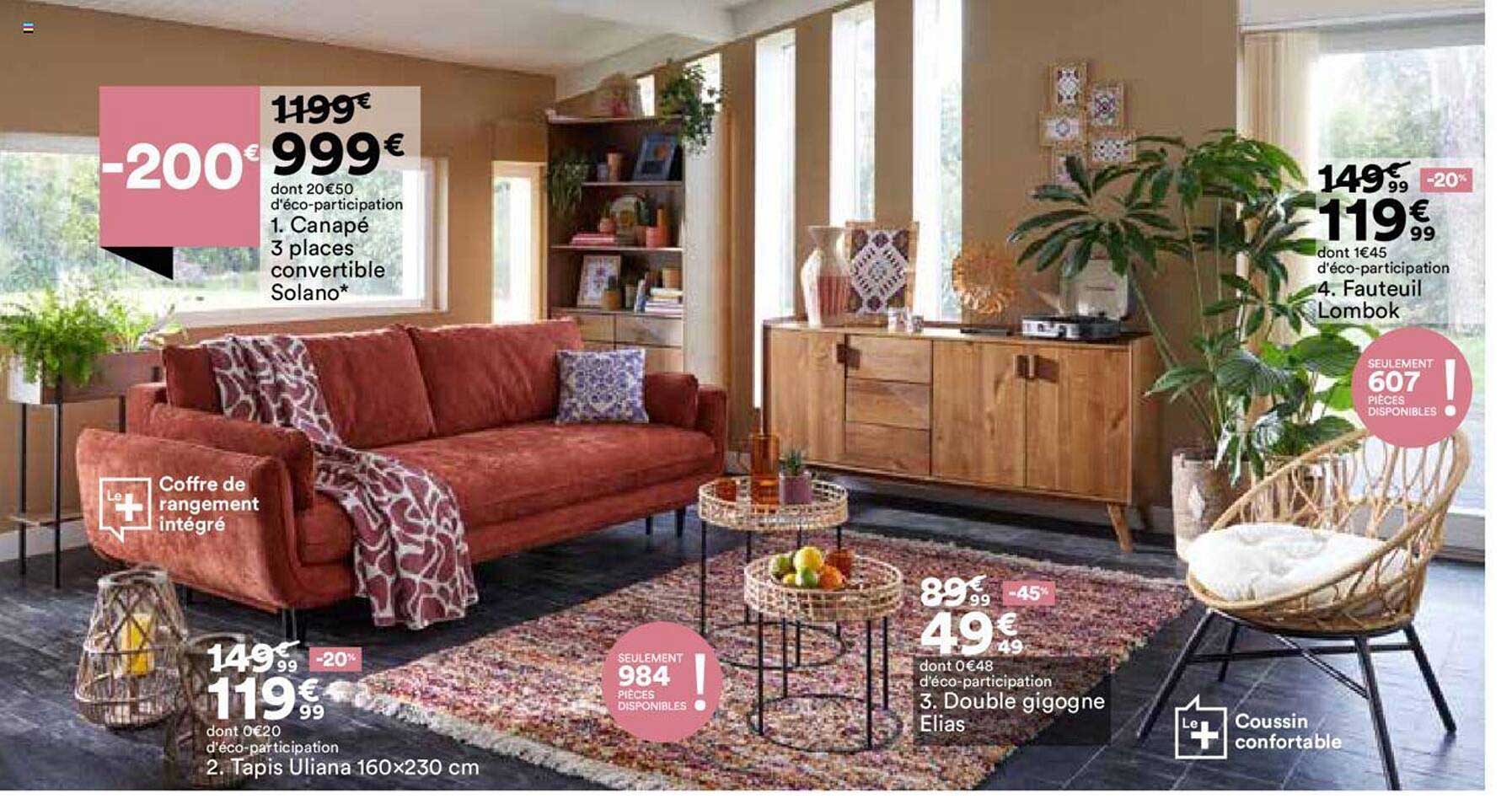 canapé 3 places convertible solano tapis uliana 160x230cm double gigogne elias fauteuil lombok