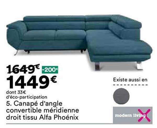 canapé d'angle convertible méridienne droit tissu alfa phoénix modern living