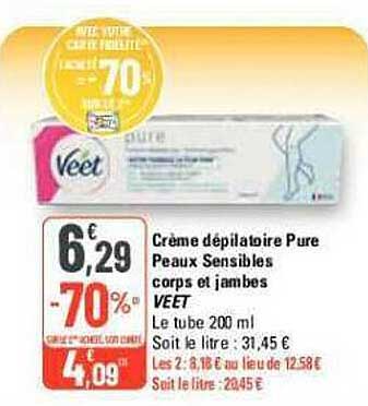 crème dépilatoire pure peaux sensibles corps et jambes veet