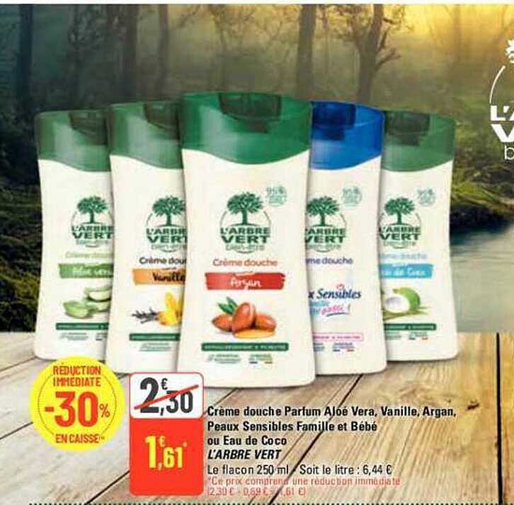 crème douche parfum aloe vera, vanille, argan, peaux sensibles famille et bébé ou eau de coco l'arbre vert