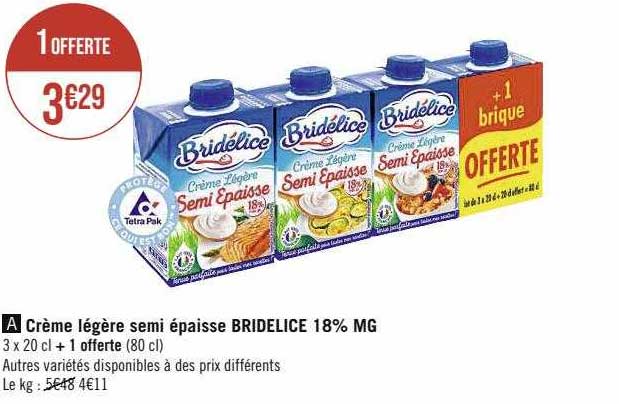 crème légère semi épaisse bridélice 18% mg