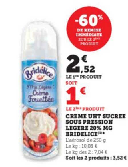 crème uht sucrée sous pression légère 20% mg bridélice